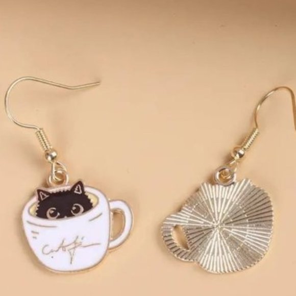 Cats and Coffee Dangle Earrings in Coffee Tea Cup White Black 1.57"  Drop New - Picture 4 of 14
